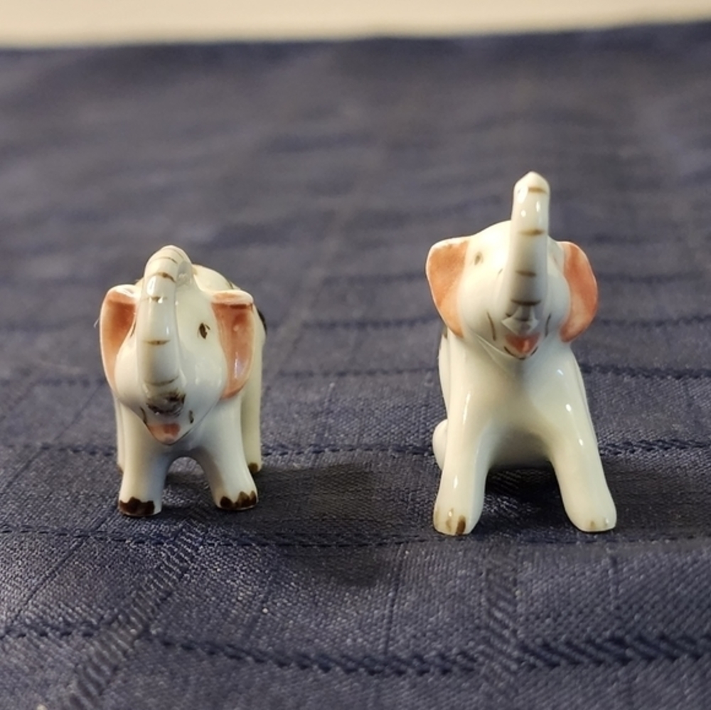 2 Small Elephant Figurines‎ Pink Ear Floral Porcelain Vintage
